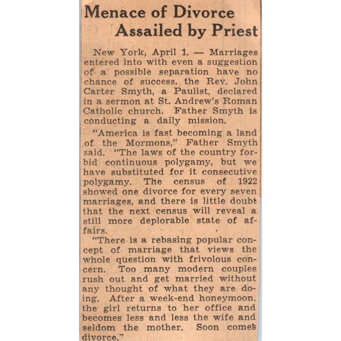 Father Smyth Opinion on Divorce 1935 Minneapolis Journal Article AE7-N5