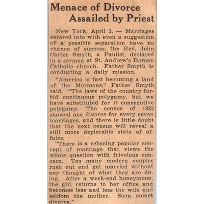 Father Smyth Opinion on Divorce 1935 Minneapolis Journal Article AE7-N5