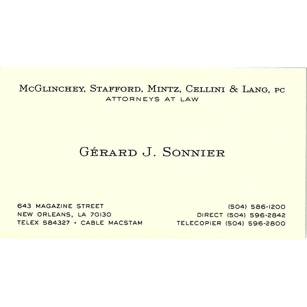 Gerard J Sonnier Attorney New Orleans LA Vintage Business Card SC9-B3