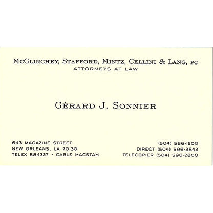 Gerard J Sonnier Attorney New Orleans LA Vintage Business Card SC9-B3
