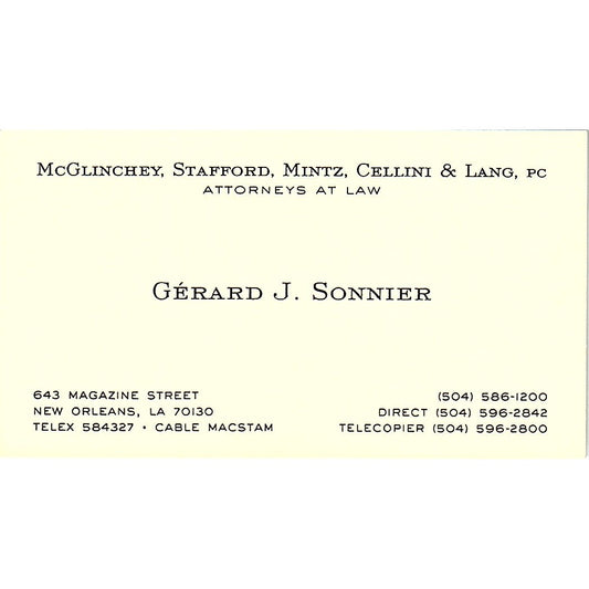 Gerard J Sonnier Attorney New Orleans LA Vintage Business Card SC9-B3