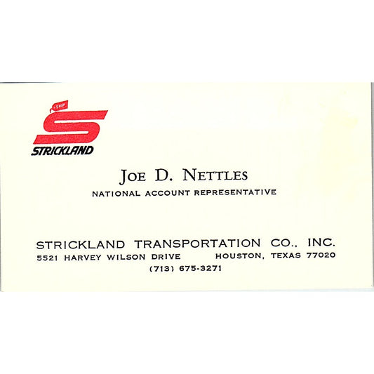 Strickland Transportation Co. Joe D. Nettles Houston Texas Vintage Business Card SB4-B5