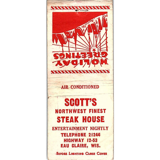 Scott's Northwest Steakhouse Eau Claire WI Vintage Matchbook Cover SE5-Y2