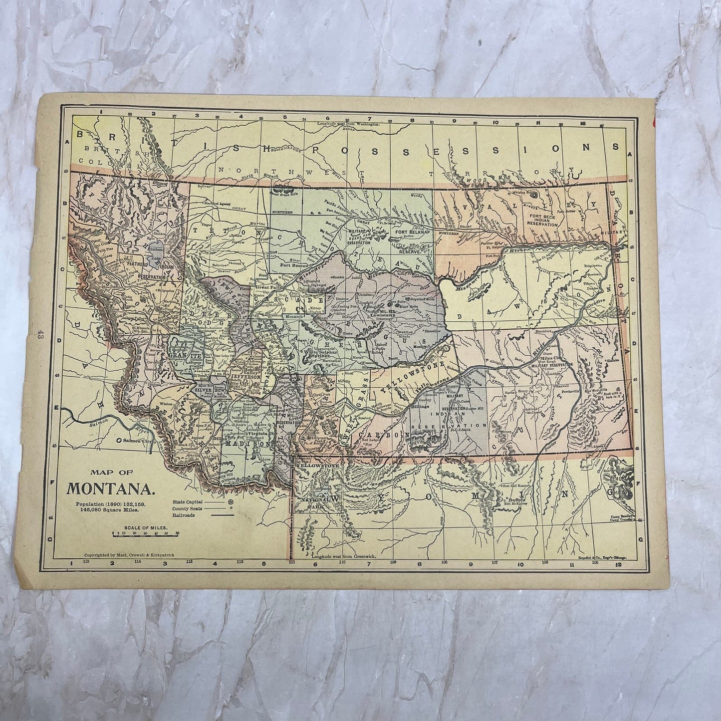 1899 Map of Montana 10x13 Original Tinted Map Engraving FL6-8