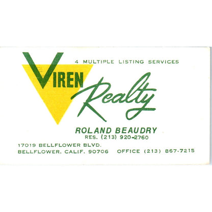 Viren Realty Roland Beaudry Bellflower CA Vintage Business Card SD4-B5