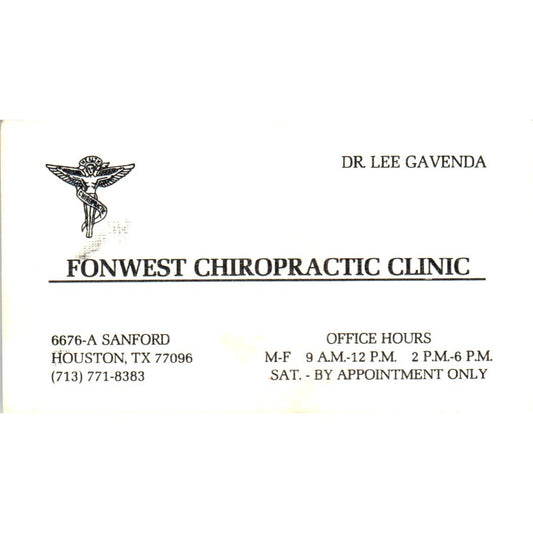 Dr. Lee Gavenda Fonwest Chiropractic Clinic Houston Vintage Business Card SE3-B7