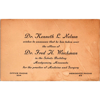 Dr Kenneth L Nelson, Fred H Weichman Montgomery MN Antique Blotter Card AJ5-H3