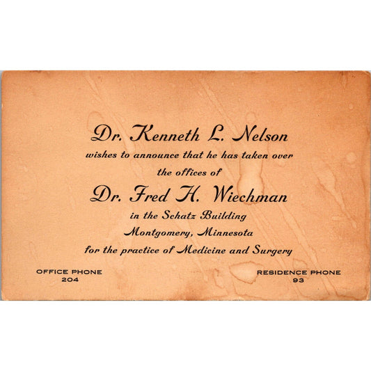 Dr Kenneth L Nelson, Fred H Weichman Montgomery MN Antique Blotter Card AJ5-H3