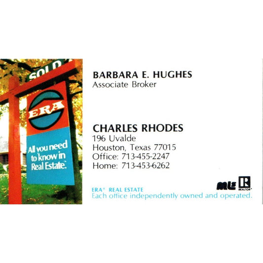 Barbara E. Hughes Charles Rhodes ERA Realty Houston Vintage Business Card SD4-B5