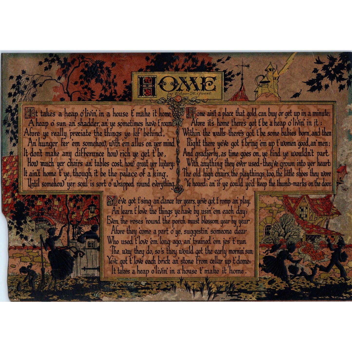 Home by Edward A. Guest - Antique Art Nouveau Print Silhouettes 7x10 D18