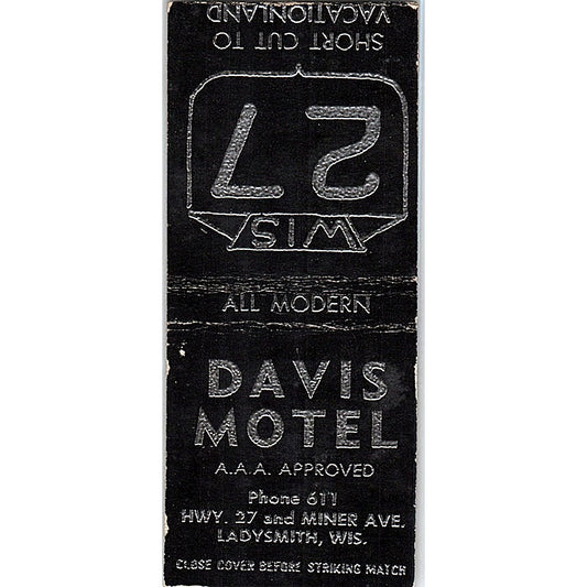 Davis Motel AAA Ladysmith WI Vintage Matchbook Cover SF3-Y6