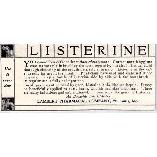 Listerine Lambert Pharmaceutical St. Louis c1905 Original Advertisement AE7-A1