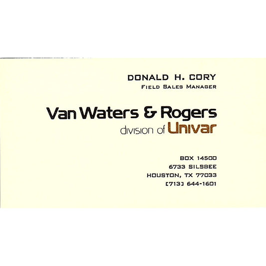 Van Waters & Rogers Donald H Cory Houston Texas  Vintage Business Card SB4-B9