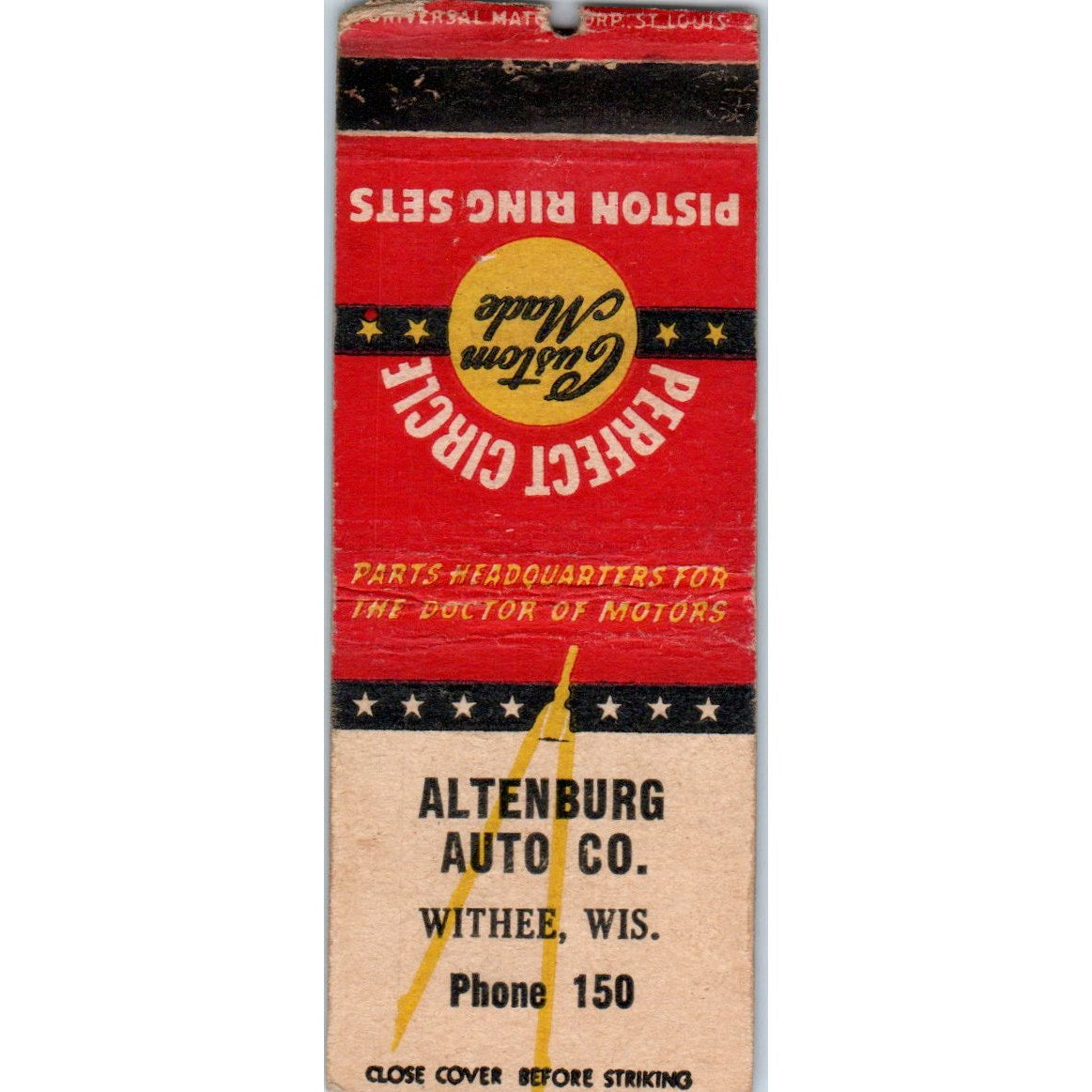 Altenburg Auto Co Withee WI Perfect Circle Piston Ring Set Vtg Matchbook SD2-Y13