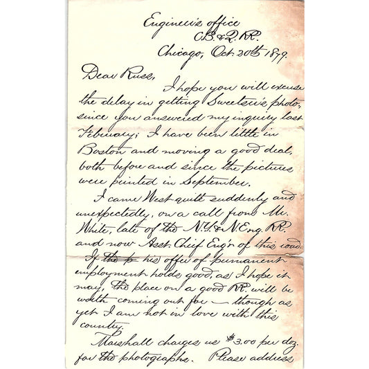 1879 Handwritten Letter Engineer's Office C.B. & Q. RR W.K. Means AF4-1