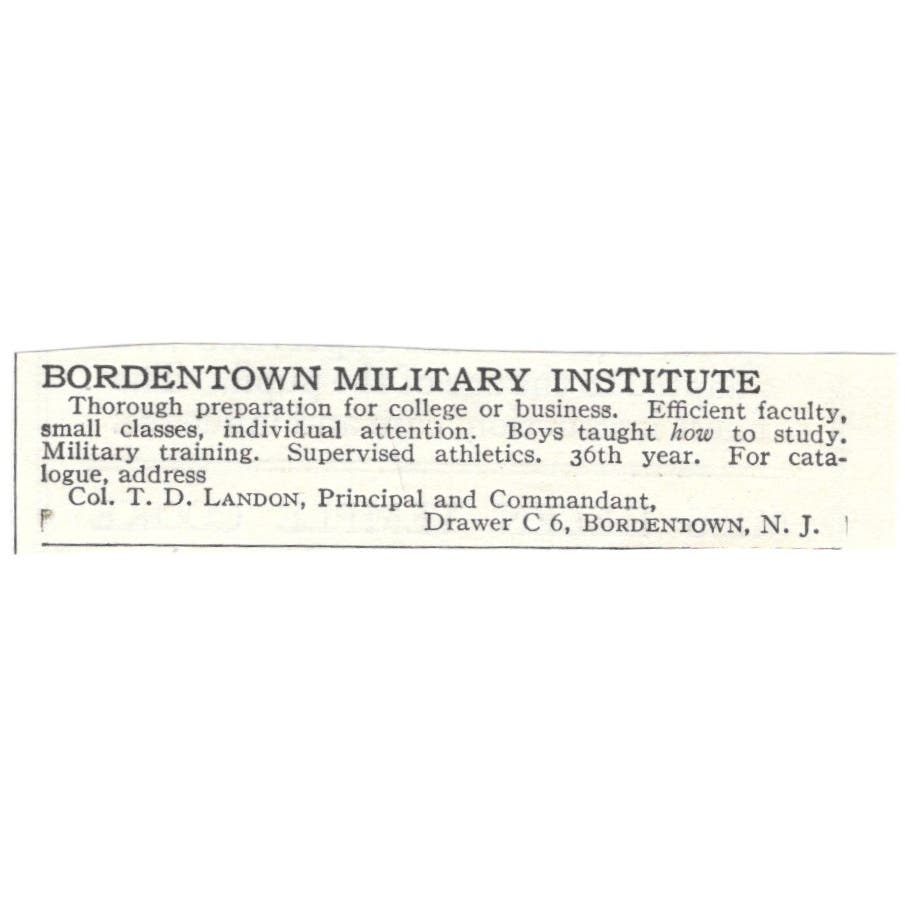 Bordentown Military Institute Col. T.D. Landon Bordentown NJ c1918 Ad AE5-SA10