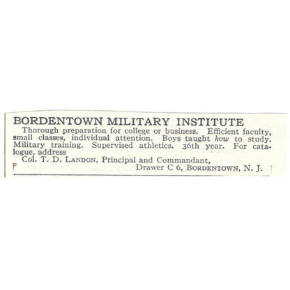 Bordentown Military Institute Col. T.D. Landon Bordentown NJ c1918 Ad AE5-SA10