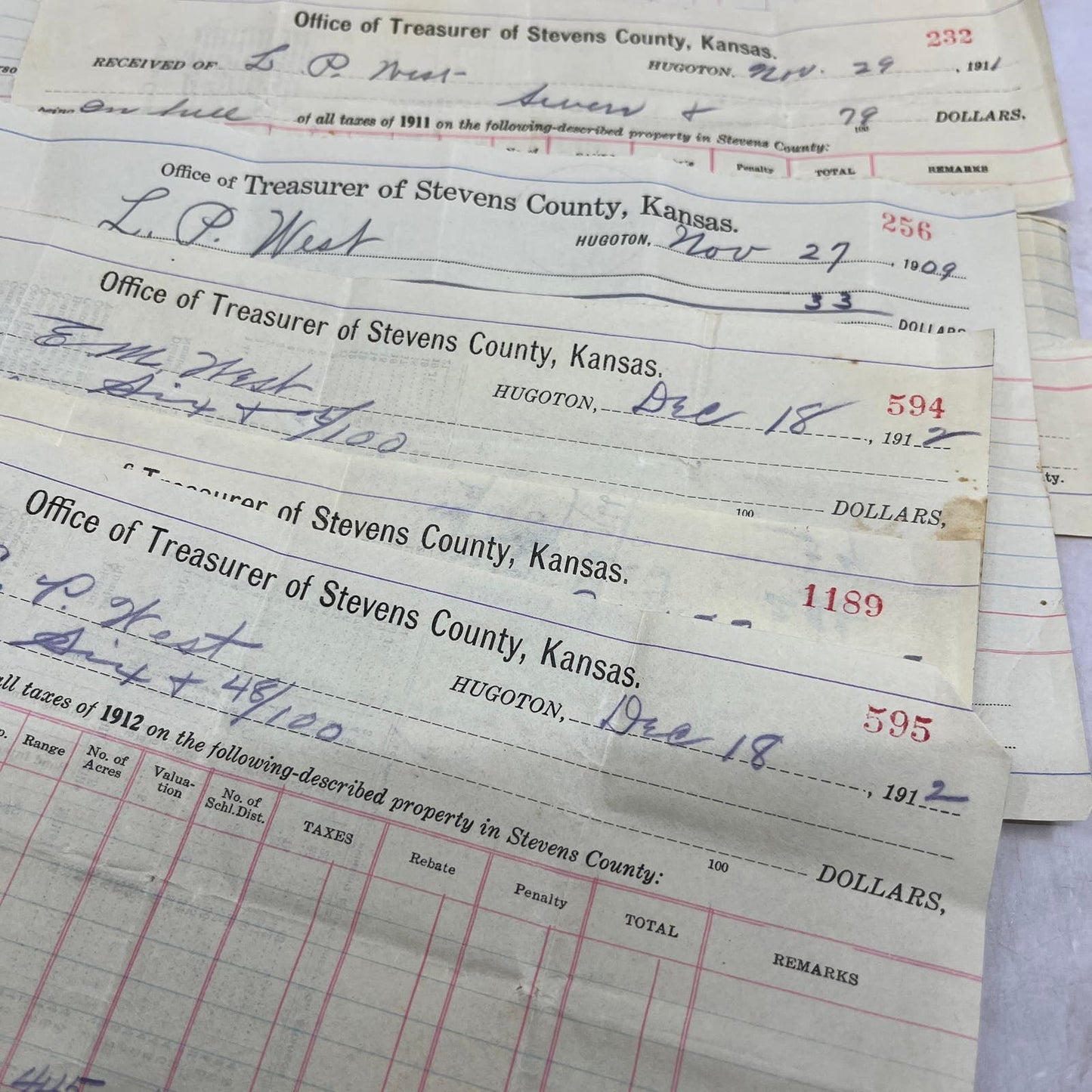 c1910 Kansas Stevens County Tax Collection Receipts Lot Houghton TG9-E2-3
