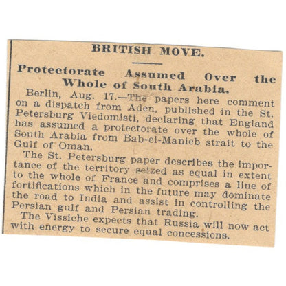 Britain Assumes Protectorate Over South Arabia 1898 Newspaper Ad AF2-S5