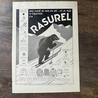 Art Deco Rasurel Ski Equipment Skiing Bear French Vintage Magazine Ad 11x15 V8