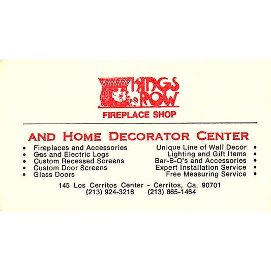 Kings Row Fireplace Shop, Home Decoration Center CA Vintage Business Card SF3-B3