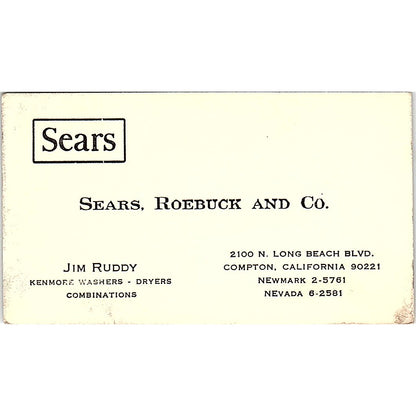 Sears Roebuck And Co. Jim Ruddy Compton CA Vintage Business Card SB4-B8