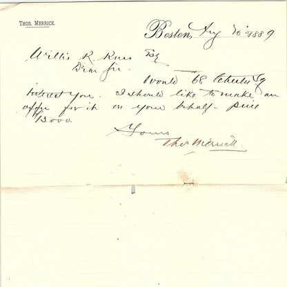 1889 Thomas Merrick Letterhead Handwritten Memo Willis R Russ MA AF4-1