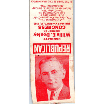 Republican Willis E. Donley for Congress Menomonie WI Vintage Matchbook SD4-Y7