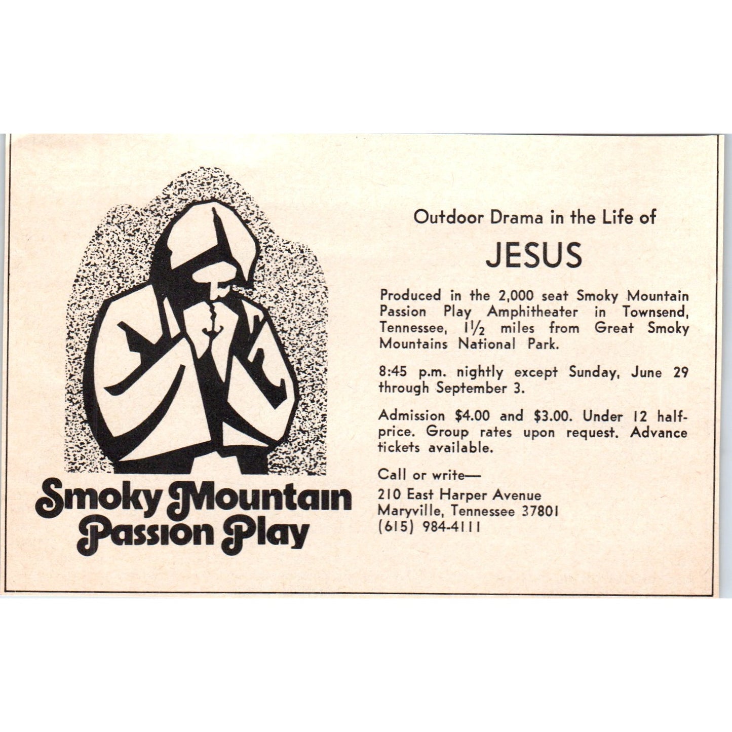 Smoky Mountain Passion Play Life of Jesus TN 1973 Magazine Ad AD8-B9