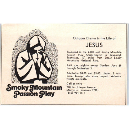 Smoky Mountain Passion Play Life of Jesus TN 1973 Magazine Ad AD8-B9