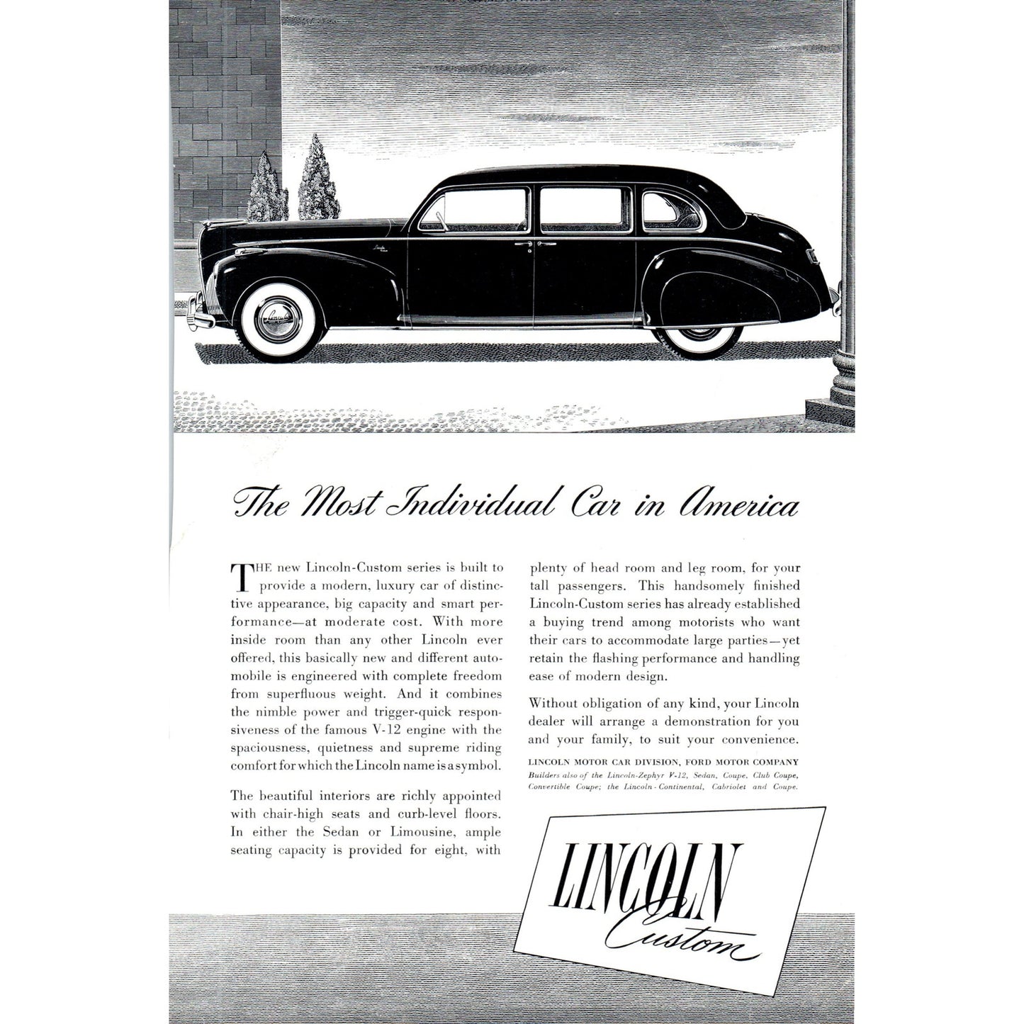 Lincoln Custom V12 Sedan Limousine Automobile Car - Vintage Magazine Ad D20