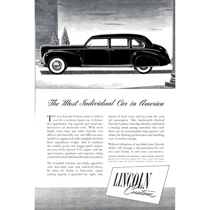 Lincoln Custom V12 Sedan Limousine Automobile Car - Vintage Magazine Ad D20
