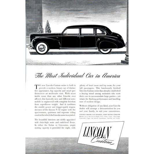Lincoln Custom V12 Sedan Limousine Automobile Car - Vintage Magazine Ad D20