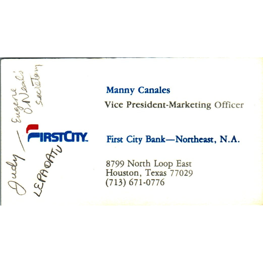 Manny Canales First City National Bank of Houston Vintage Business Card SE3-B8
