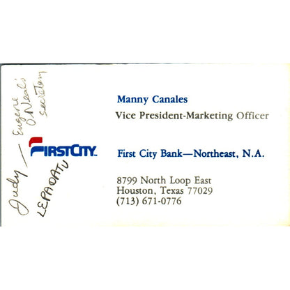 Manny Canales First City National Bank of Houston Vintage Business Card SE3-B8