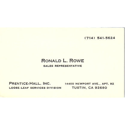Prentice-Hall, Inc. Ronald L. Rowe Tustin CA Vintage Business Card SSB4-B12