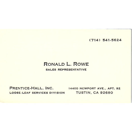 Prentice-Hall, Inc. Ronald L. Rowe Tustin CA Vintage Business Card SSB4-B12