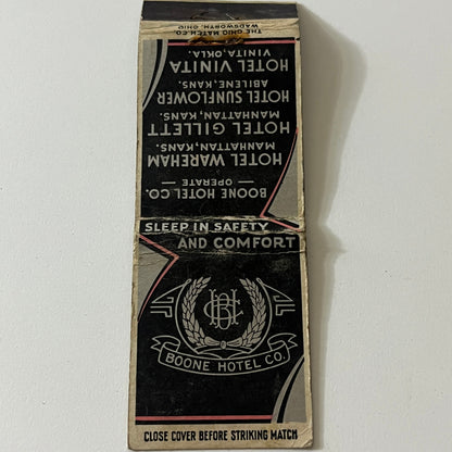 Boone Hotel Co Hotel Wareham Manhattan KS Vintage Matchbook TB6-MB2-11