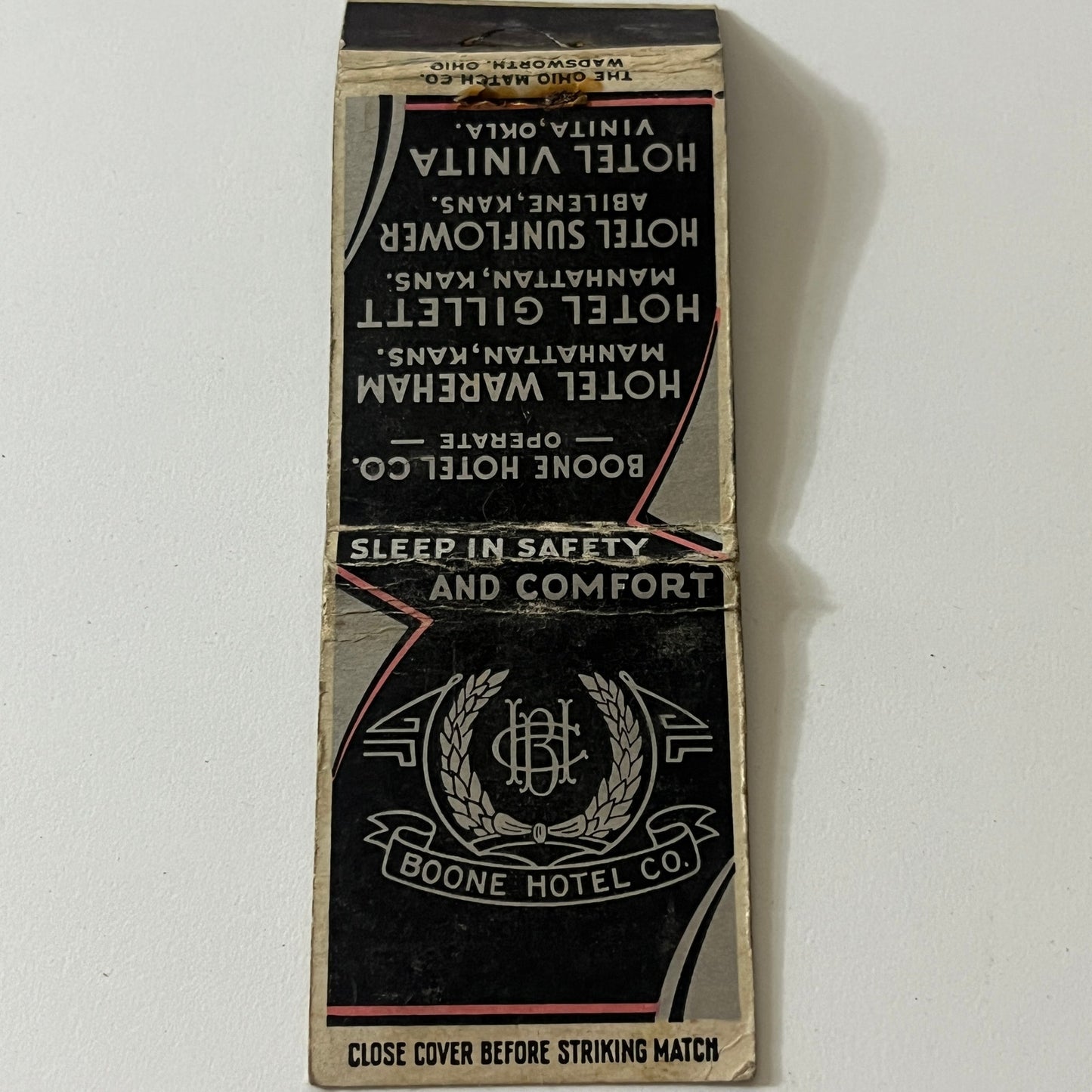 Boone Hotel Co Hotel Wareham Manhattan KS Vintage Matchbook MB60-1