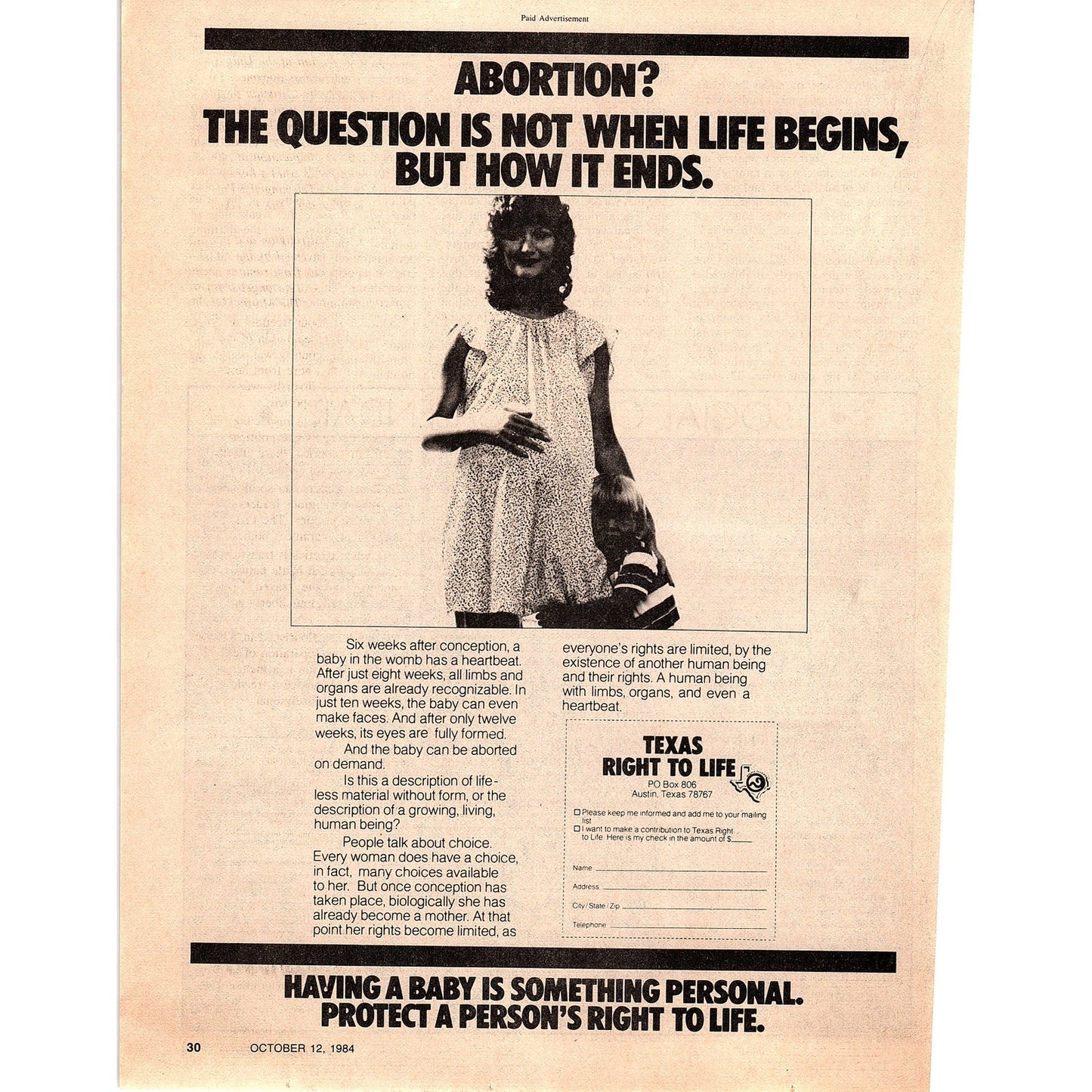 Texas Right to Life - Austin Texas 1984 Ad AF6-9