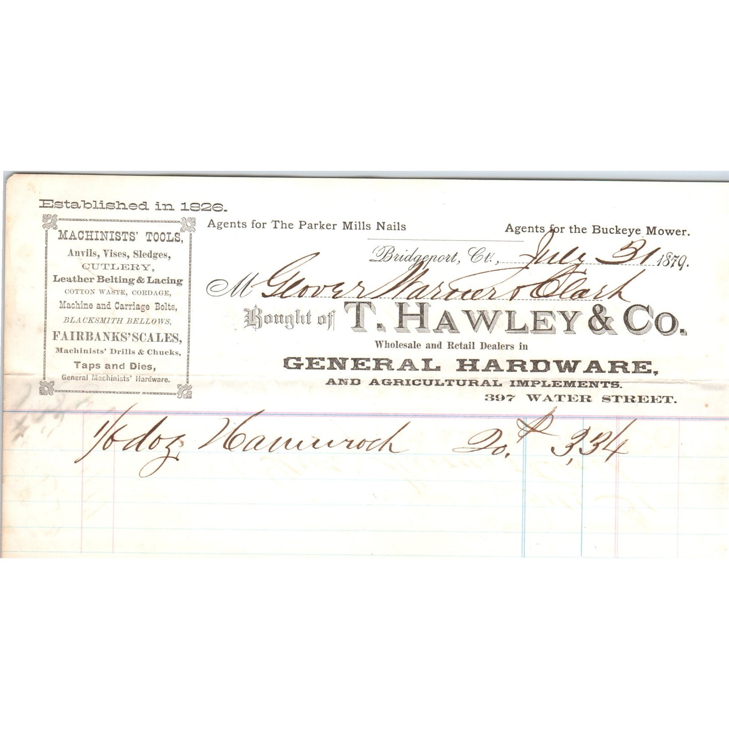 1879 T. Hawley & Co General Hardware Bridgeport CT Receipt Letterhead D24