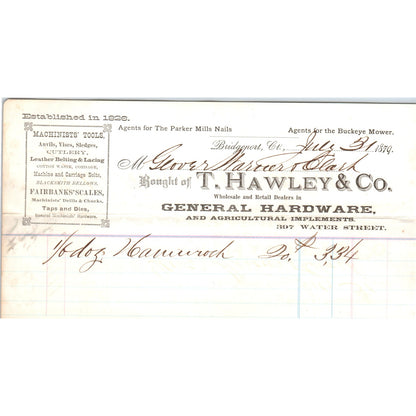 1879 T. Hawley & Co General Hardware Bridgeport CT Receipt Letterhead D24