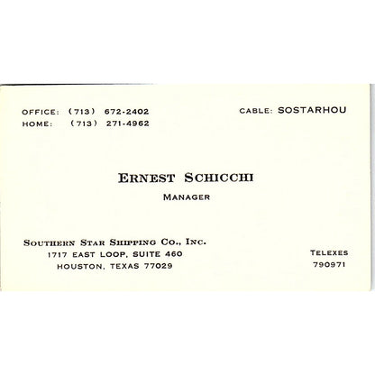 Ernest Schicchi Southern Star Shipping Houston Vintage Business Card SC9-B4