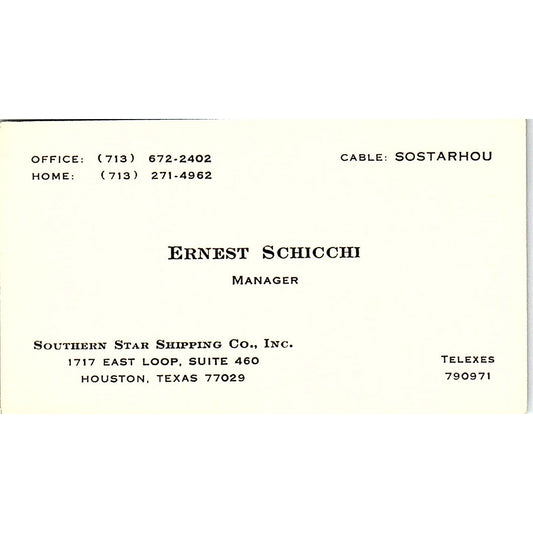Ernest Schicchi Southern Star Shipping Houston Vintage Business Card SC9-B4