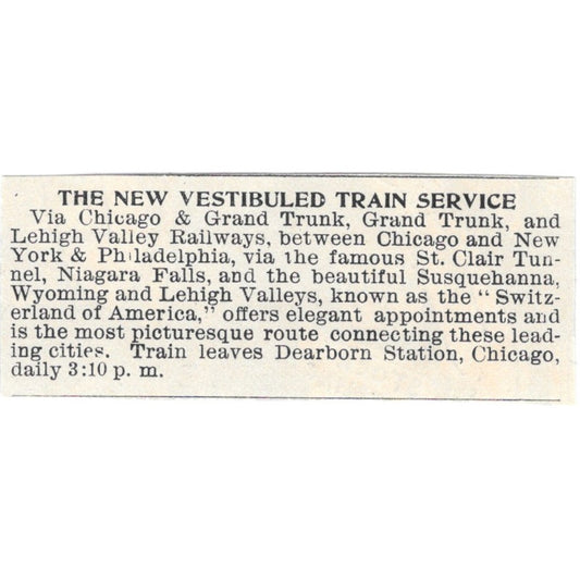 Vestibuled Train Service Chicago & Grand Trunk Lehigh Valley Ry 1894 Ad AB6-S7