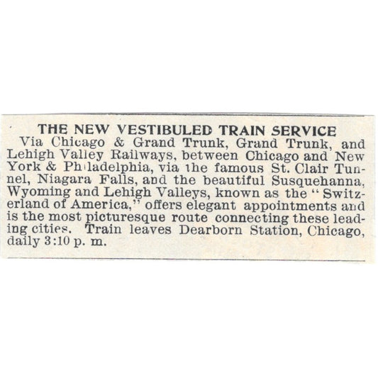 Vestibuled Train Service Chicago & Grand Trunk Lehigh Valley Ry 1894 Ad AK6-S7