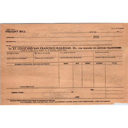 1916 St. Louis and San Francisco Railroad Freight Bill AD8-R7