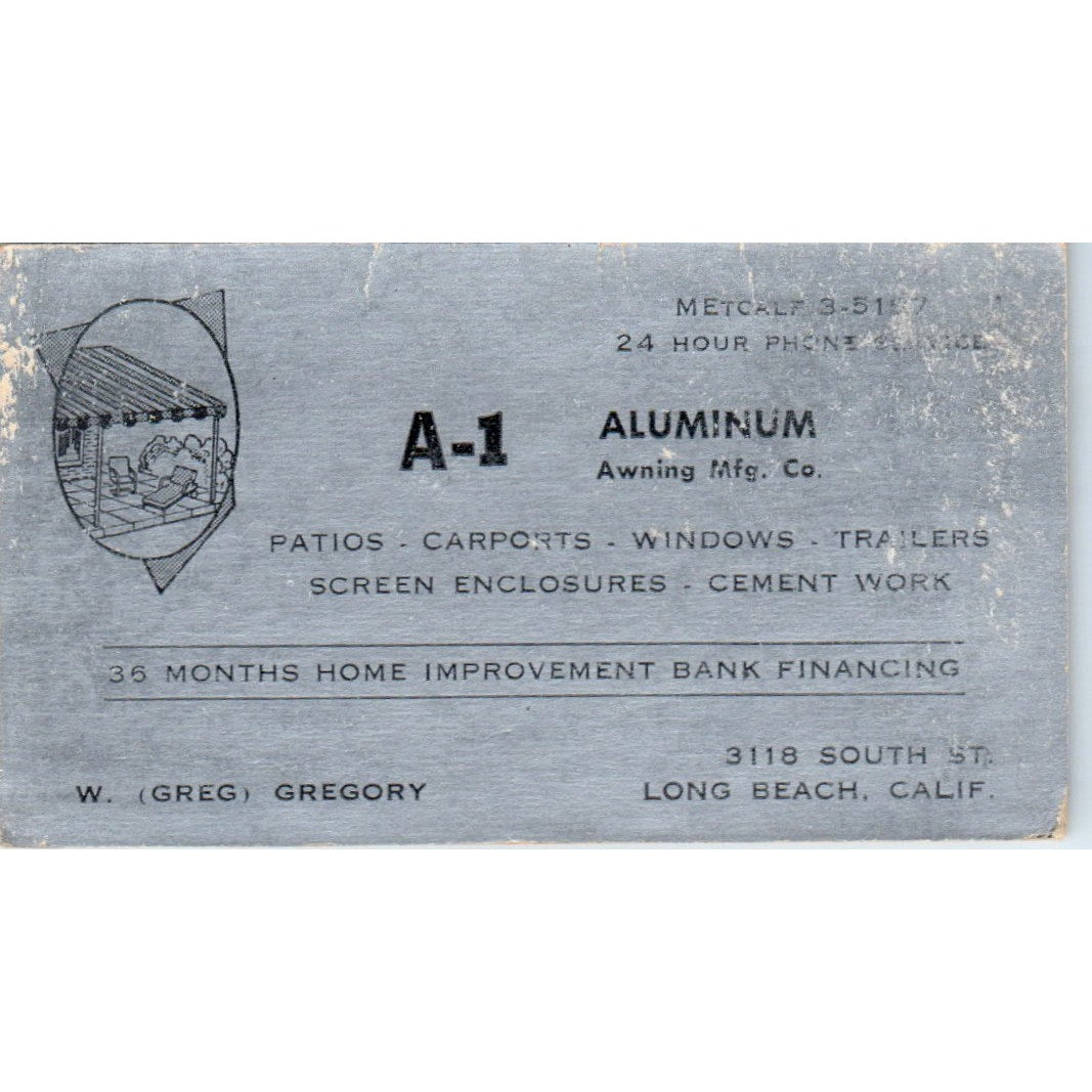 A-1 Aluminum W. Greg Gregory Long Beach CA Vintage Business Card SD8-B3