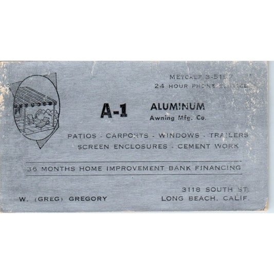 A-1 Aluminum W. Greg Gregory Long Beach CA Vintage Business Card SD8-B3