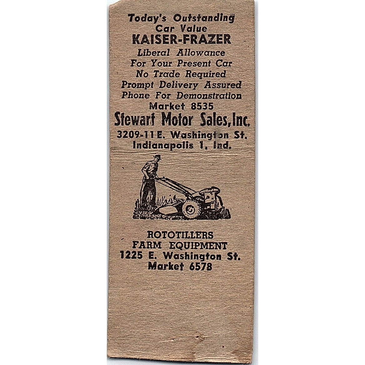 Stewart Motor Sales Indianapolis Frazer Kaiser Vintage Matchbook Cover SF3-Y5